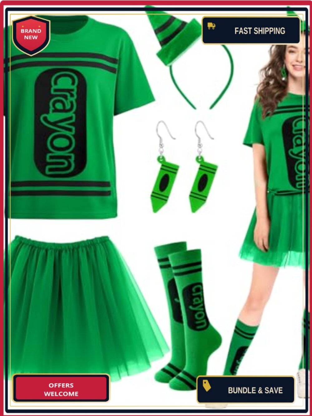 7 Pc Crayon Costume Set Adult Women Felt Cloth Halloween Party Top Skirt Hat